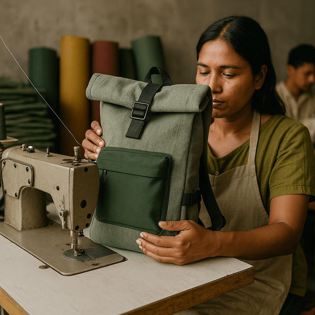 Artisan crafting a BuzzNest backpack at a sewing machine.